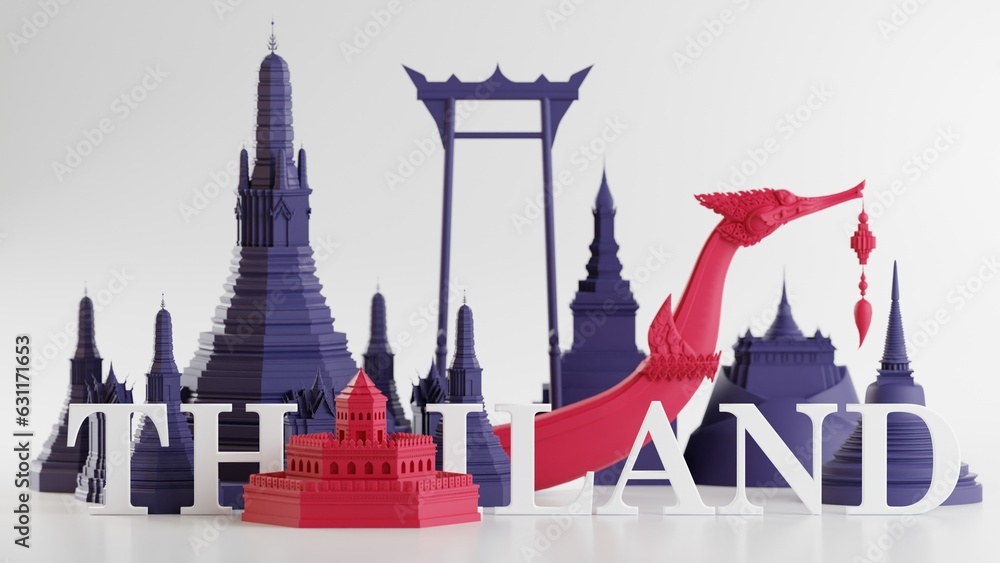 3d rendering illustration background the iconic of thailand travel concept the most beautiful places to visit in thailand in 3d illustration, thai architecture and tradition heritage. - obrazy, fototapety, plakaty 