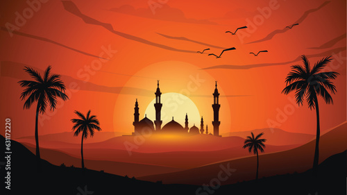 Sunset over desert with muslim mosque in the foreground. Focus on distant mountains vector.eps