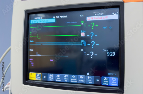 Vital signs unite in a symphony of life on the hospital monitor: blood pressure, pulse, oximetry, heart rate, and end-tidal CO2 reveal the balance of life's dance, symbolizing health and hemodynamics