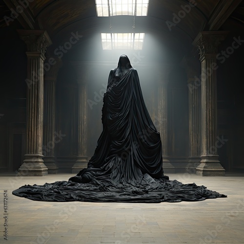King of Darkness. Unknown man in black coat standing with his back to camera. AI generated art.