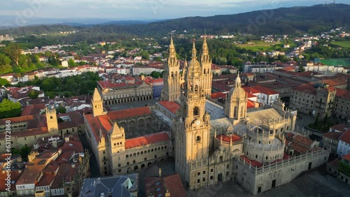 Aerial view of square and cathedral in Santiago de Compostela, Spain. Final point of pilgrims walking Camino de Santiago path