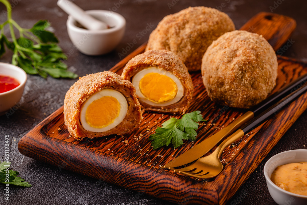 Traditional Scotch Eggs on a wooden board.