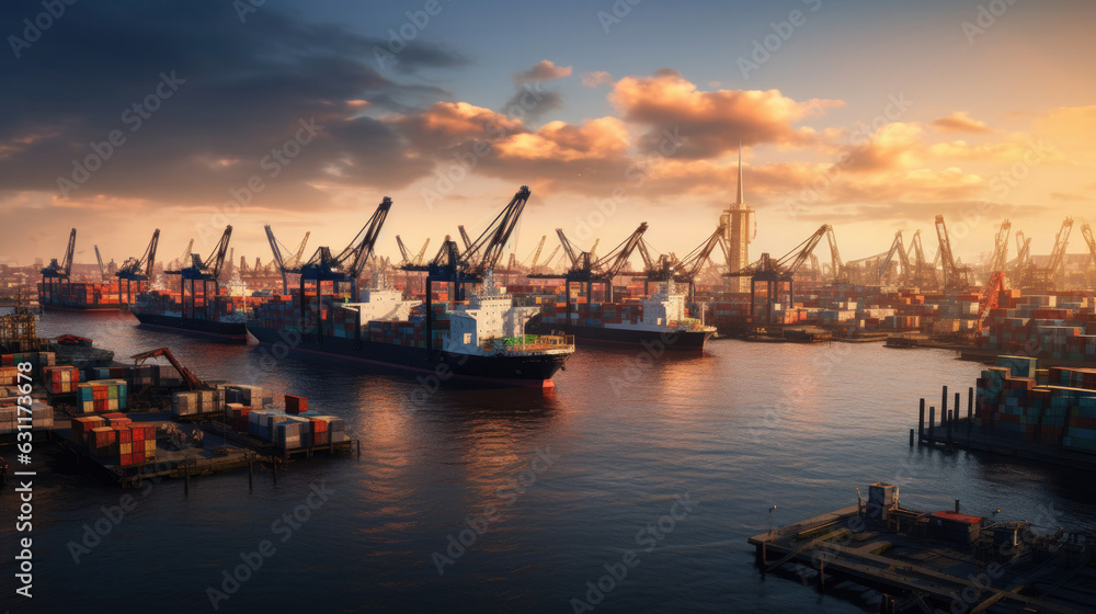 Container ships in the port at sunset