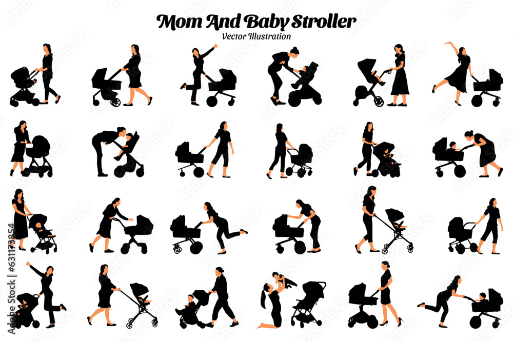 Mom and baby stroller vector illustration set