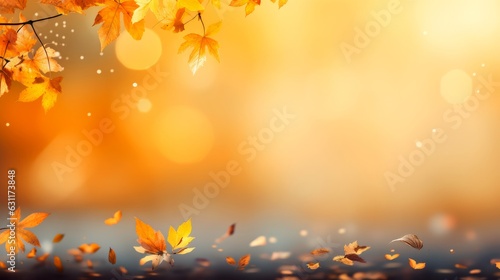 Falling fall maple leaves on autumn background. Seasonal banner with autumn foliage. Copy space. 