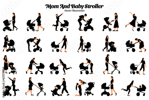 Mom and baby stroller vector illustration set