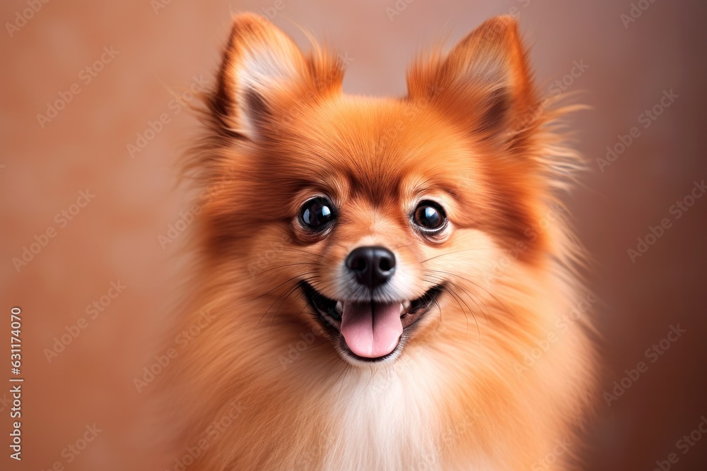 Portrait of a cute fluffy Pomeranian spitz on a orange background. A small smiling dog looks at the camera. 