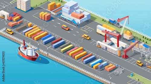 Warehouse port vector conceptual web banner. Isometric projection. Ships with containers on the berth at the port, cranes, workers. cars, hangars ashore. For transport