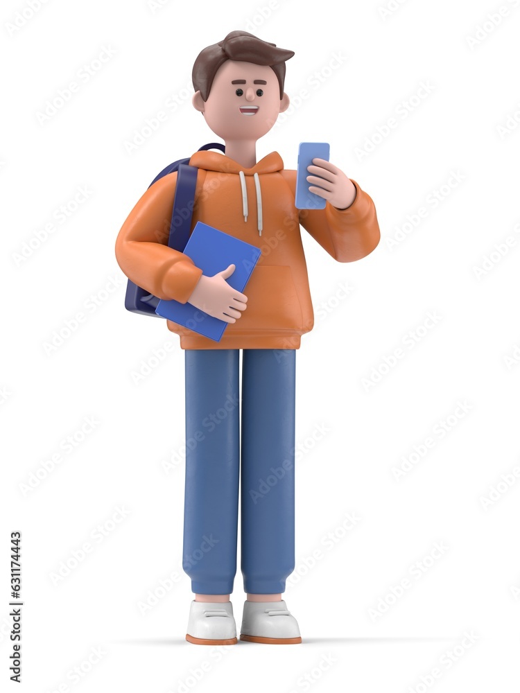3D illustration of smiling Asian male guy Qadir hold book and talking smartphone.3D rendering on white background.
