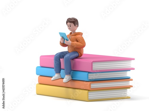 3D Illustration of smiling Asian male guy Qadir sits on big books.Concept mobile application and books services. 3D rendering on white background.  © lrunups