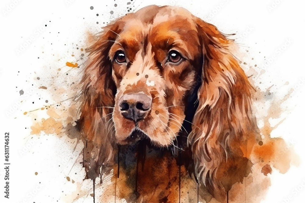 Watercolor illustration of spaniel portrait with drops and splashes of watercolor paint