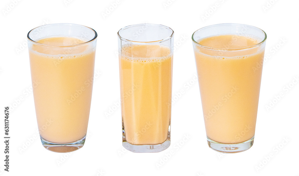 Lactic fermentation beverage light orange sour or yogurt taste in square, sphere glass tall three type isolated on white background. Fermented milk vitamin B2 low cholesterol Lactobacillus acidophilus Lactic fermentation beverage light orange sour or yogurt taste in square, sphere glass tall three type isolated on white background. Fermented milk vitamin B2 low cholesterol Lactobacillus acidophilus