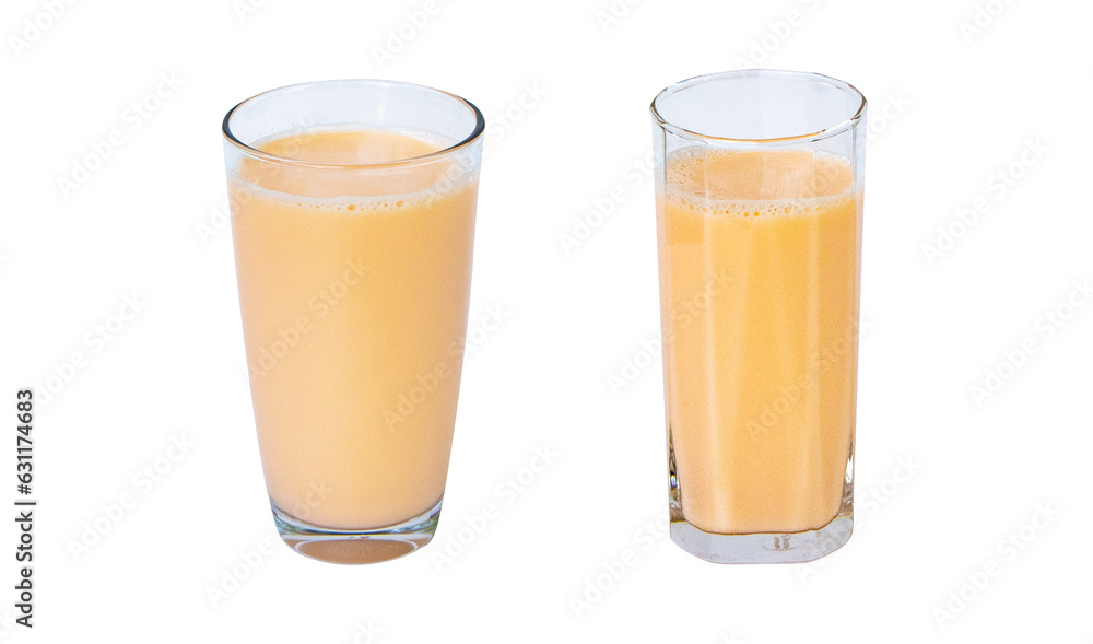 Lactic fermentation beverage color light orange sour or yogurt taste in round, square type glass tall isolated on white background. Lactobacillus acidophilus. Fermented milk vitamin B2 low cholesterol