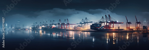 Panorama of a container terminal in the port of Hamburg at night