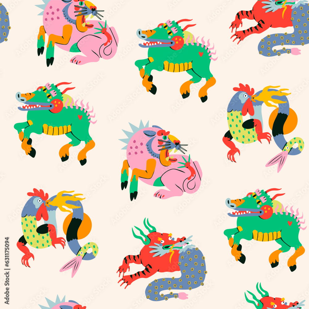 Monster or Beast set. Cute abstract characters. Cartoon trendy unique style. Hand drawn Vector illustration. Funny comic creatures. Square seamless Pattern. Background, wallpaper