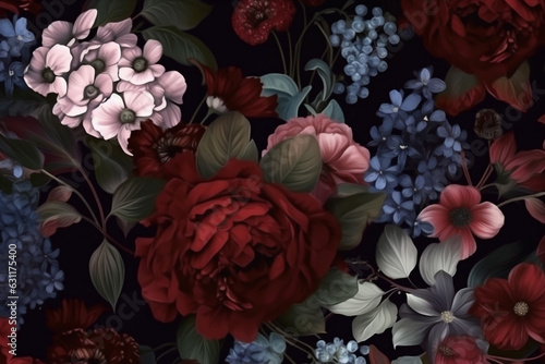 burgundy background wallpaper vintage flower garden decoration bouquet dark peony nature. Generative AI. © VICHIZH