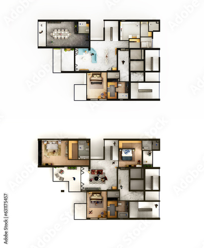 4 bedroom duplex apartment isometric view and 2d plan 3d rendering