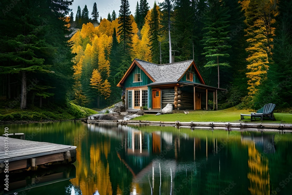 Obraz premium Beautiful house on the lake hidden in the trees by the Lake Ohara in Canada .