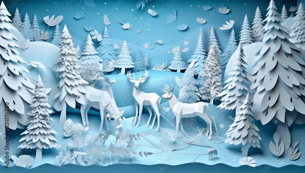 paper merry merry background tree blue art origami christmas winter snowflakes christmas. Generative AI. paper merry merry background tree blue art origami christmas winter snowflakes christmas. Generative AI.
