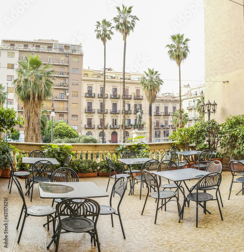 Terrace overlooking a square Ignazio Florio in Palermo, Sicily, Italy © REDMASON