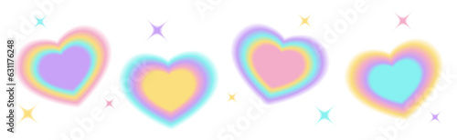 Y2k blurry gradient heart shape with sparkle or stars. Pastel holographic aura elements, aesthetic retro shapes with blur effect. Isolated vector illustration of 90s-2000s psychedelic style.