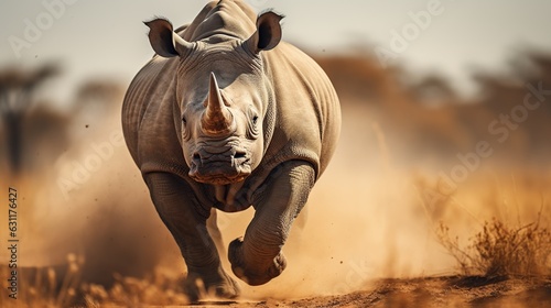 A rhino grazes in an open field