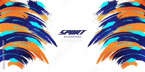 Abstract and Colorful Brush Background with Halftone Effect. Sport Banner Dominated with Blue and Orange Color. Brush Stroke Illustration. Scratch and Texture Elements For Design