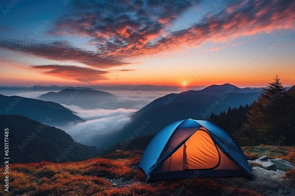 Camping tent in the Mountains, autumn sunrise view fron inside the tent Generative AI