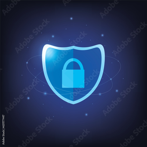 Security shield with pad lock digital icon on blue background.