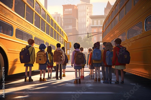 School children are walking to the school bus, seen from behind