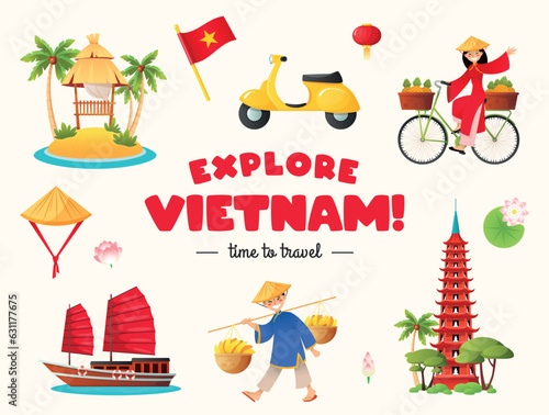 Explore Vietnam! Cartoon illustrations of people, rice terraces, Tran Quoc Pagoda, lotus lake, a scooter ets. isolated on a white background. Tourism and travel concept. Vector 10 EPS.