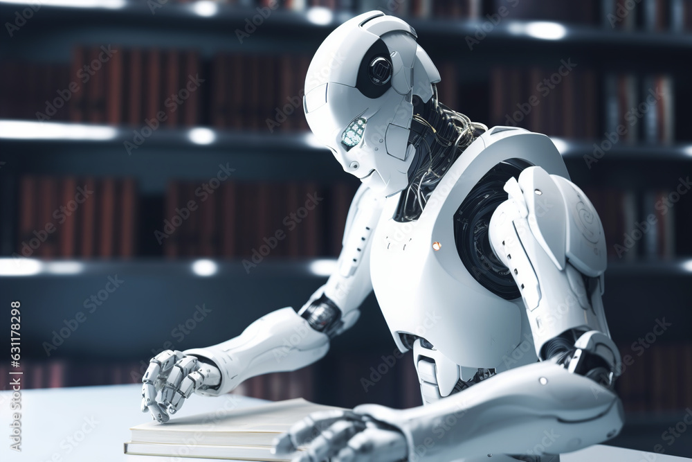 Fototapeta premium AI humannoid robot reading book in library, artificial intelligence concept. Generative AI.