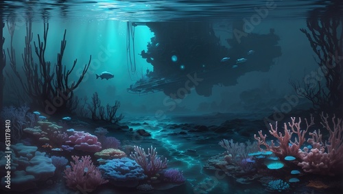 Underwater scene with corals and fish