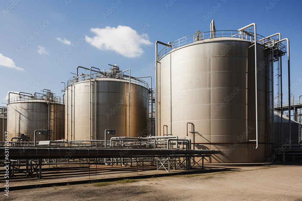 Chemical area with row of storage tanks and pipes. Generative AI. Chemical area with row of storage tanks and pipes. Generative AI.
