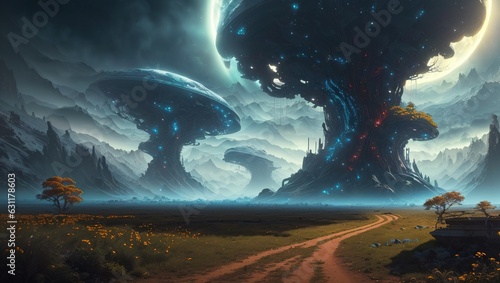 Fantasy landscape with giant alien planet