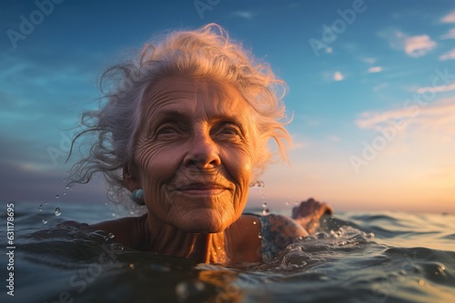 Happy laughing elderly woman enjoying in the warm sea