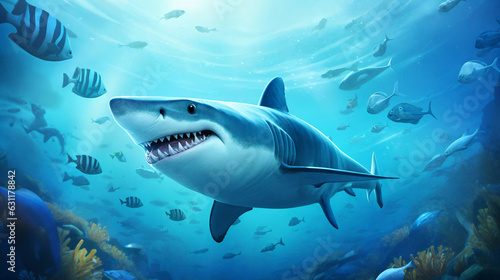 Cartoon shark playfully swims through the underwater world. AI Generative