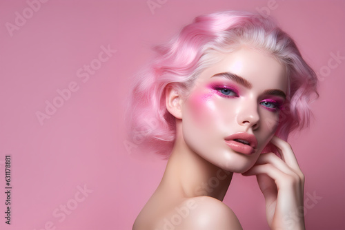 Fashion editorial Concept. Closeup portrait of stunning pretty woman with chiseled features, pink makeup and hair. illuminated with dynamic composition and dramatic lighting. copy text space