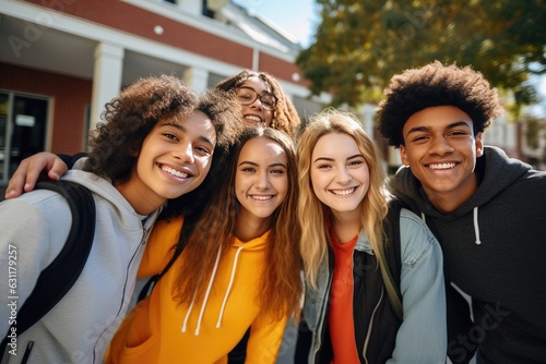 Obraz na płótnie Group of high school students taking a selfie after school