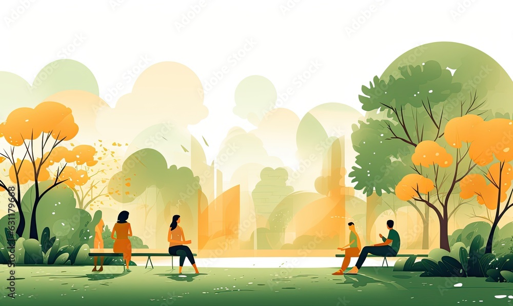 Illustration of a park in summer with people doing different activities.