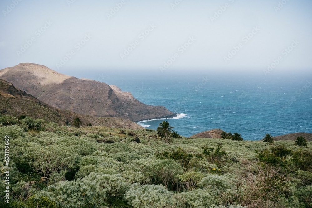 View of a majestic mountain range in the backdrop and a vast blue ocean, La Gomera, Spain