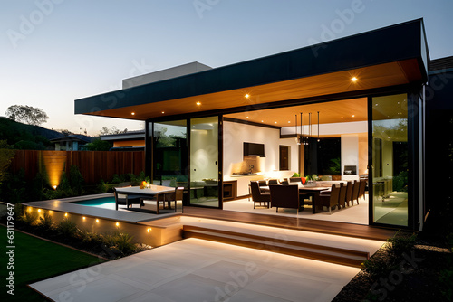 Wallpaper Mural View of luxurious modern house exterior with dining space and garden Torontodigital.ca