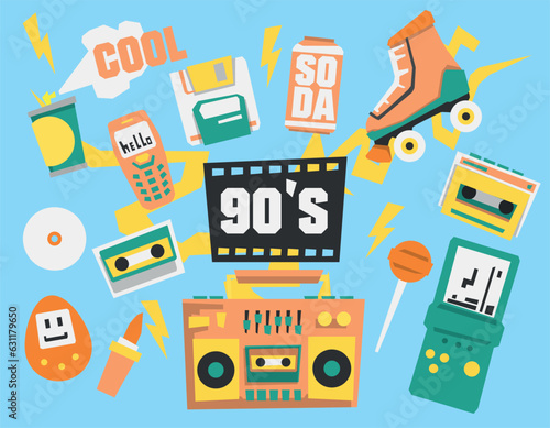 a set of items from the 80s and 90s, toys, musical instruments. Flat design of the 90s, vector graphics