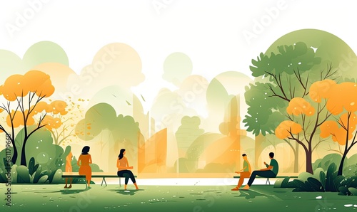 Illustration of a park in summer with people doing different activities.