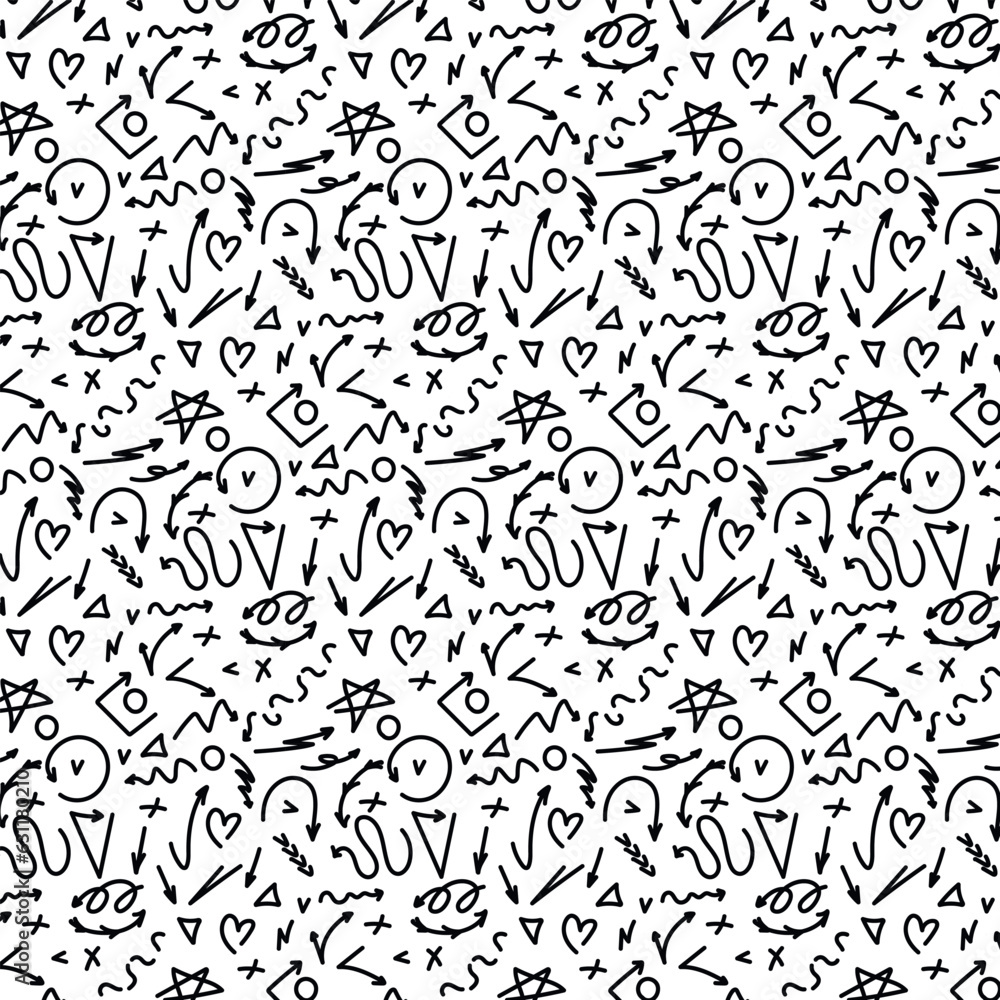 Pattern of black arrows on white background, line style seamless pattern, vector graphics