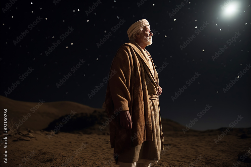Abraham outside in desert looking up with starry sky. Generative AI. Abraham outside in desert looking up with starry sky. Generative AI.