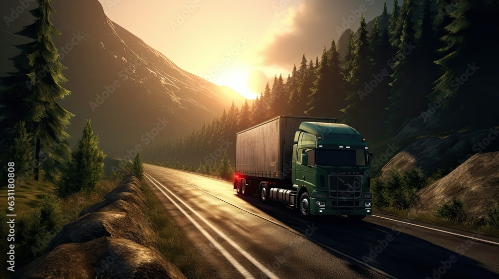 Truck on the road in the mountains at sunset.  ai generative
