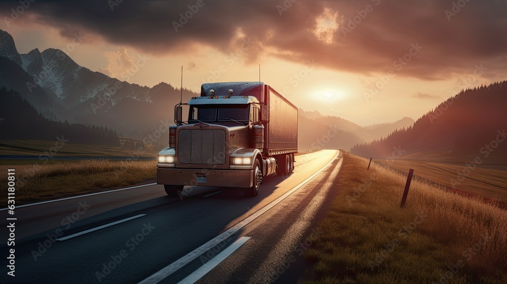 Truck on the road in the mountains at sunset. ai generative
