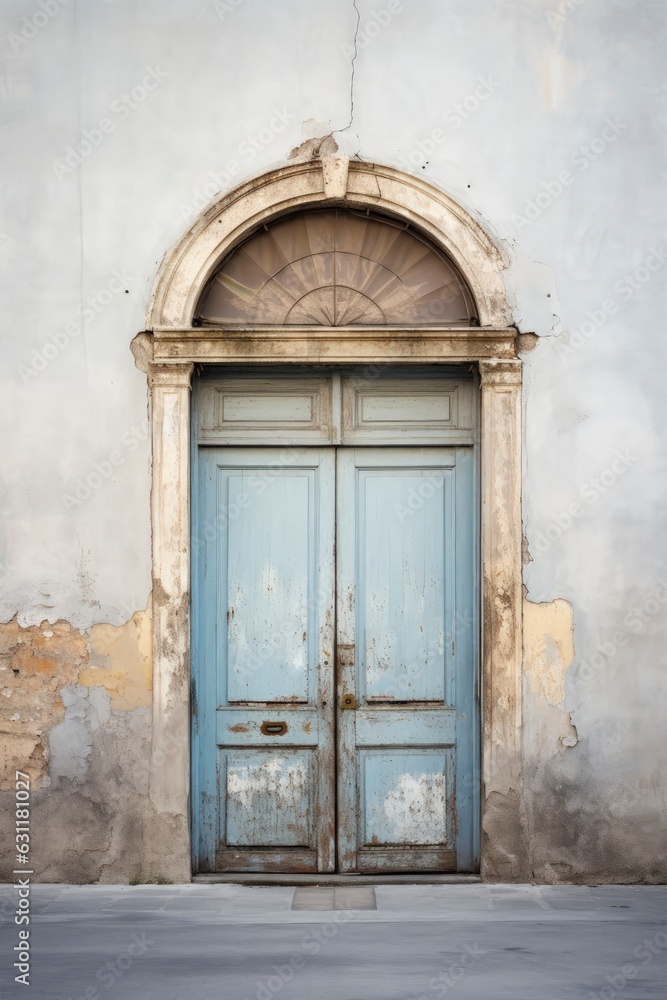 Fototapeta premium old blue wooden door with arc frame in an old building