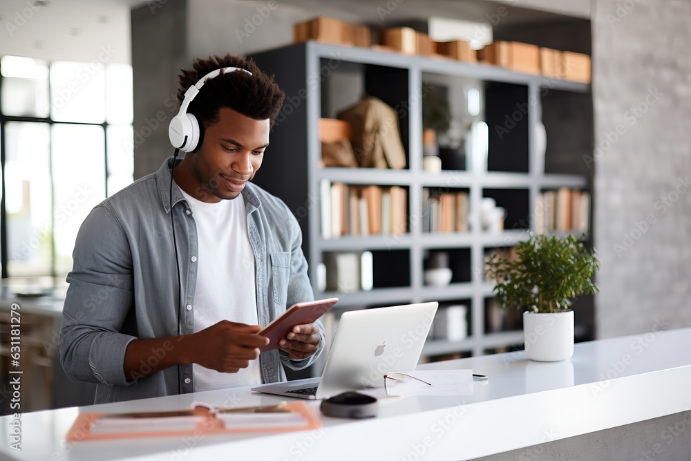 a young dark-skinned man wearing on-ear headphones and watching or reading some content on a laptop indoors , modern sleek interior. a young dark-skinned man wearing on-ear headphones and watching or reading some content on a laptop indoors , modern sleek interior.